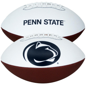 autograph football, half white with debossed Penn State and Athletic Logo, half brown pebble grain